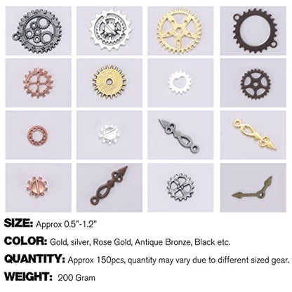 BigOtters 150PC Steampunk Gear Charms, 5 Colors Mixed Metal Cog Pendants