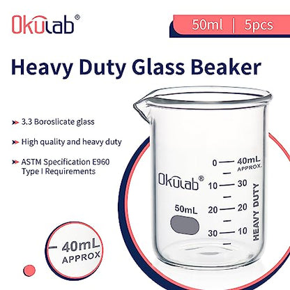 Heavy Duty Glass Beaker Set, Thick-Walled 3.3 Borosilicate Glass Beakers, with Double Scale Printed Graduation, 5pcs of Vol.50ml, HBKG50A5 - style: 5pcs of 50ml
