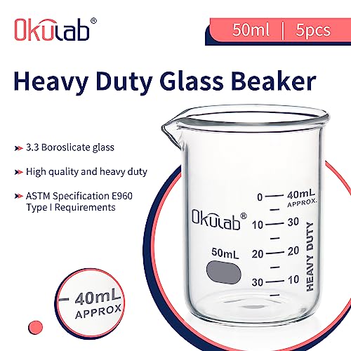 Heavy Duty Glass Beaker Set, Thick-Walled 3.3 Borosilicate Glass Beakers, with Double Scale Printed Graduation, 5pcs of Vol.50ml, HBKG50A5 - style: 5pcs of 50ml