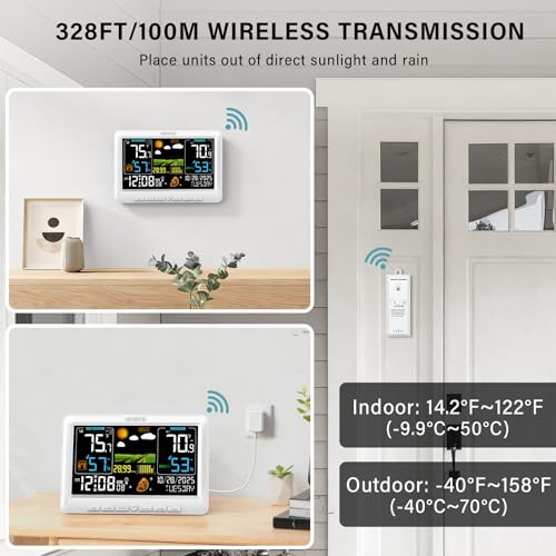 BluSon Weather Station Wireless Indoor Outdoor Thermometer, Atomic Clock - color: White