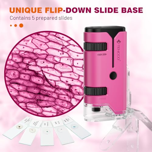 100x-250x Pocket Microscope for Kids Adults, Protable Handheld Miniscope, Mini Microscope Kit for Kids Adults Home School Lab Biology Science Education, Pink - color: Pink