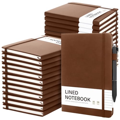 Aodaer 30 Set Lined Notebook Journals with Pens A5 Notebooks 100 GSM College Ruled Hardcover Notebook PU Leather Notepad with Pen Holder for Office School, 5.7 x 8.3 Inches, Dark Brown - color: Dark Brown