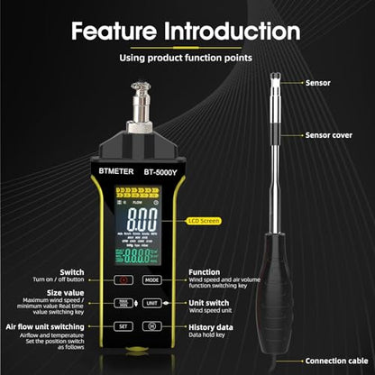 BTMETER Hot Wire Anemometer - CFM/CMM Air Flow Meter Measuring 0.2-67 Mph - color: Yellow