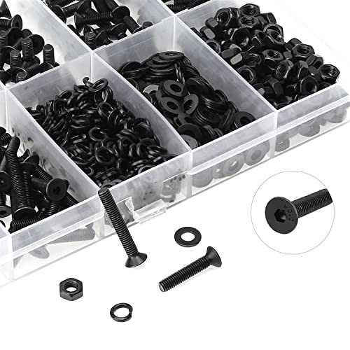 HELIFOUNER 560 Pieces M3 x 5mm /6mm /8mm /10mm /12mm /16mm /20mm, Countersunk Head Socket Cap Screws Bolts Washers Nuts Kit, 10.9 Grade Alloy Steel, Full Threaded, Black - size: M3, style: Countersunk Head
