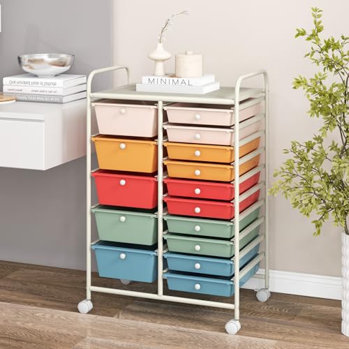 COSTWAY 15 Drawer Rolling Storage Cart, Mobile Storage Organizer - color: Macaron, size: 15 Drawer