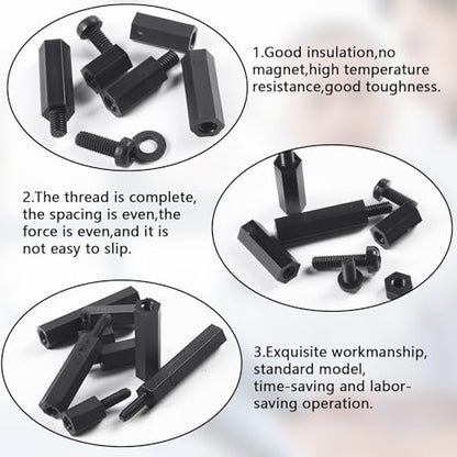 350Pcs M3 Male Female Nylon Hex Spacer Standoff Screws Nuts Motherboard Standoffs and Screws Assortment Kit Threaded Pillar for PCB Motherboard Circuit Board Black - size: 350pcs M3