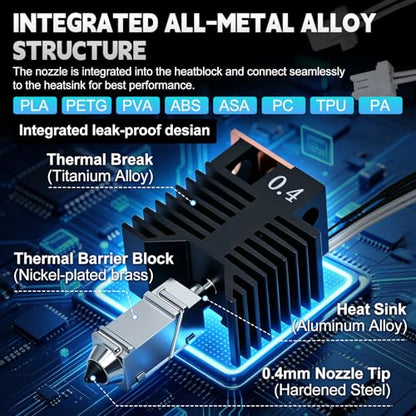 2PCS 0.4MM U1 Hotend for Snapmaker U1 Extruder, 24V 48W Fast Heating Ceramic Hot End with Hardened Steel Nozzle, Leak-Proof Integrated Design, with Brush Cleaning Needle Silicone Socks and Kit Tools - color: 2PCS