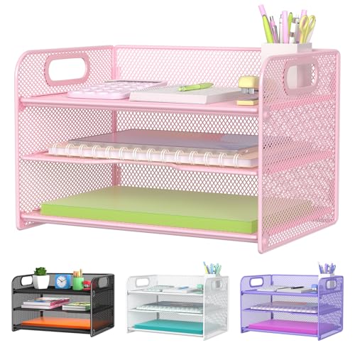 Samstar 3 Tier Pink Letter Tray Paper Organizer with Handle, Mesh Desk Organizer Paper Sorter File Rack Shelves, Pink - color: Pink 3 Tier Pack of 1