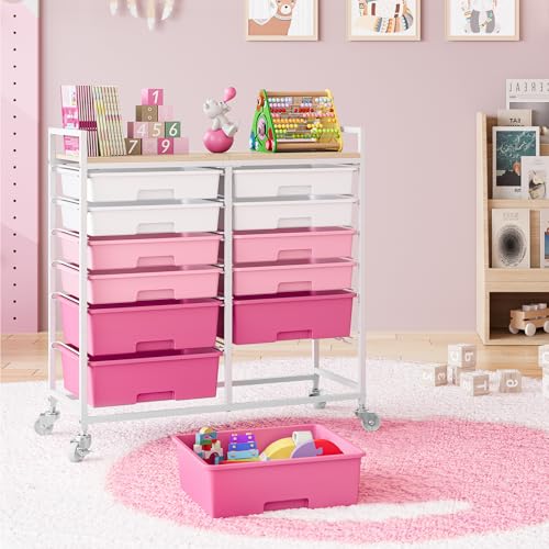 TOOLF 12 Drawers Rolling Storage Cart with Wooden Top for Classroom,Pink - color: Gradient Pink