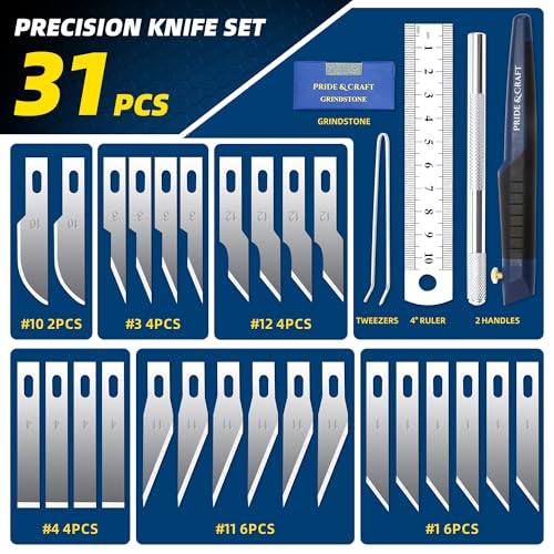 31-Piece Precision Hobby Knife Set for Crafting, Modeling & DIY Projects, Ultra-Sharp SK-Steel Blades for Detail Cutting on Paper, Plastic, Wood, Leather, Foam and Art Materials