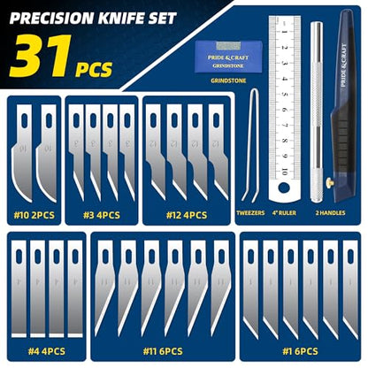 31-Piece Precision Hobby Knife Set for Crafting, Modeling & DIY Projects, Ultra-Sharp SK-Steel Blades for Detail Cutting on Paper, Plastic, Wood, Leather, Foam and Art Materials