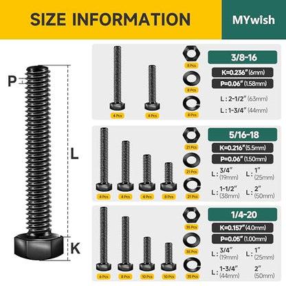 Mywish 254Pcs Nuts and Bolts, 1/4 20 5/16 18 3/8 16 Bolt, Heavy Duty 304 Stainless Steel Bolts and Nuts Kit with Flat Spring Washers, Fully Threaded & Black Oxided, 10 Common Size - size: 254 Pcs Mixed Size Kit - Black