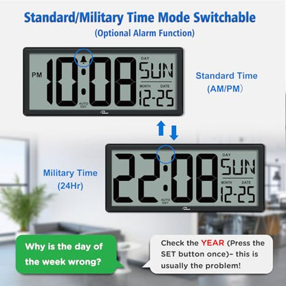 WallarGe 14.5'' Large Digital Wall Clock Battery Operated - color: Black