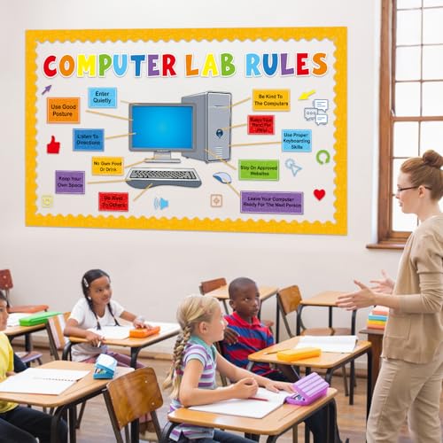 Computer Lab Rules Bulletin Board Decoration Set Science Classroom Decoration Computer Motivational Paper Cutouts for Back to School Home Wall Door Party Supplies - style: Computer lab