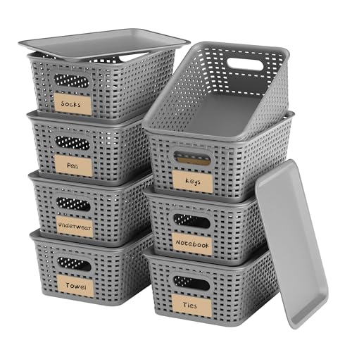 8 Pack Plastic Storage Baskets,Grey Stackable Bins with Lid - color: Grey