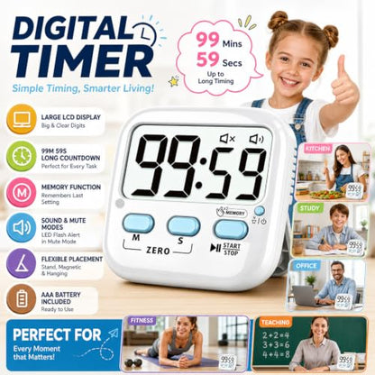 2 Pack Digital Timer for Kids Teacher Classroom Kitchen Office - color: Classic White