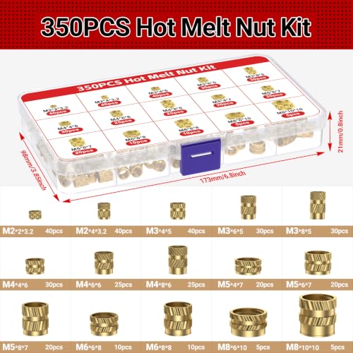 Heat-Set Threaded Insert Kit – 350PCS with 60W Digital Soldering Iron, Stand, Tweezers & M2 M3 M4 M5 M6 M8 Nuts, Screws & Caps for Plastic Thread Repair and DIY Projects - size: M2 M3 M4 M5 M6 M8
