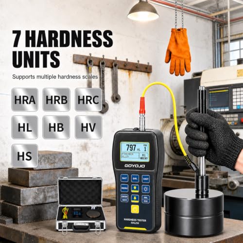 GOYOJO Portable Leeb Hardness Tester -,Hardness Testing Equipment Kit with Test Block, Copper, 7-in-1 HL, HV, HB, HRC, HRB, HRA, HS