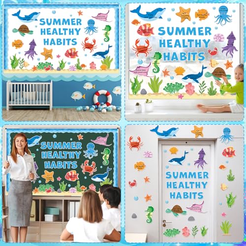 Summer Healthy Bulletin Board Set Ocean Animals Health Habits Classroom Decorations Back to School Paper Cutouts Under the Sea Bulletin Board Borders for School Nursery Home Office Wall Door Decor - style: Summer Healthy