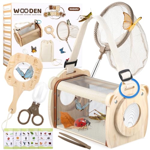 GAGAKU Wooden Bug Catcher Kit for Kids 4-8, 9PCS Outdoor Nature Exploration Set with Expandable Butterfly Net, Magnifying Glass, STEM Learning Game Cards, Educational Catching Toy for Backyard Camping - color: Rectangle