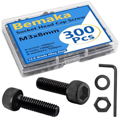 300PCS M3 x 8mm Hex Socket Head Cap Screws with Nuts and Washers, 12.9 Grade Alloy Steel M3 Bolts with Hex Wrench - color: BK-M3 x 8mm