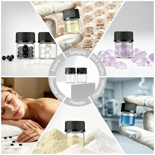 50pcs 1ML 1/4 Dram Mini Clear Glass Essential Oils Vial Small Sample Bottles with Black Caps for Essential Oils Chemistry Lab Chemicals Colognes Perfumes Pipette droppers as Gift