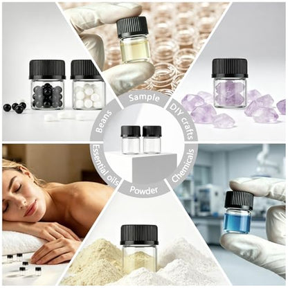 50pcs 1ML 1/4 Dram Mini Clear Glass Essential Oils Vial Small Sample Bottles with Black Caps for Essential Oils Chemistry Lab Chemicals Colognes Perfumes Pipette droppers as Gift
