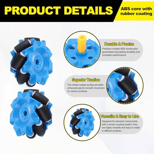 MECCANIXITY 2Set Mecanum Wheels Set with Hexagonal Universal Pins and Screws, 52mm / 2.05" ABS Rubber Omnidirectional Wheels for Smart Robot Car Parts DIY Models Accessories, Blue