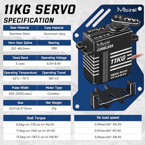 Miuzei 11kg High Torque Coreless Micro Servo Metal Gear with Mount (Black) - color: Black