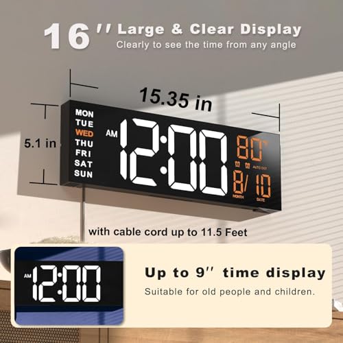 JALL 16" Large Digital Wall Clock with Remote, Back to School Classroom, Gift for Student Teacher, Big LED for Seniors, Auto Dimming, 8 RGB Colors, Night Light, Timer, Temperature for Living Room - color: White Orange, size: 16 inches