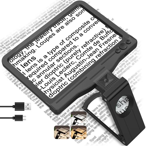 30X 6X Rechargeable Magnifying Glass for Reading, Large Full Page Magnifier with Folding Stand, 3 Color Light Modes, Dimmable LED Lighted, Hands Free Book Magnifier for Fine Prints Low Vision Seniors - color: Black