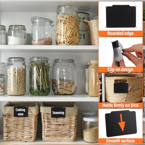 52PCS Basket Labels Clip On Set, 50 Removable PVC Bin Label Holders with 2 Chalk Markers for Pantry Storage Bins Organization (Black)