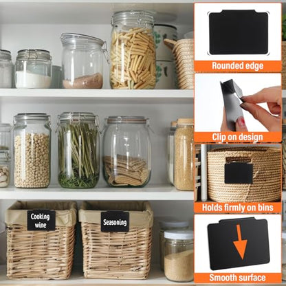 52PCS Basket Labels Clip On Set, 50 Removable PVC Bin Label Holders with 2 Chalk Markers for Pantry Storage Bins Organization (Black)