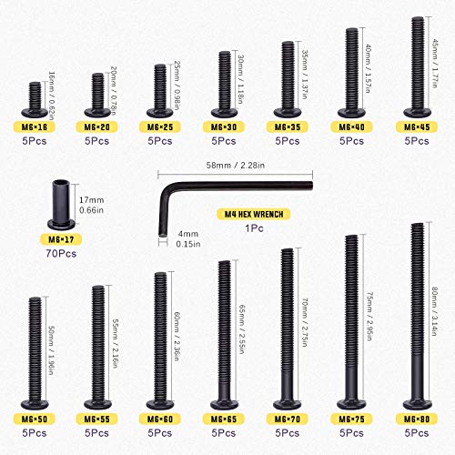 Swpeet 141Pcs 14 Different Sizes M6x16mm-80mm Carbon Steel Black Hex Drive Socket Cap Bolts Barrel Nuts Kit with 1Pcs Allen Wrench, Screw Post Fit for Furniture Countsunk Belt Leather Binding Bolts - size: M6x16mm-M6x80mm