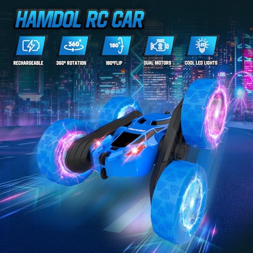 Hamdol STEM Remote Control Car for Kids Ages 6-12, 4WD RC Stunt Car with LED Wheel Lights & 360° Flips, 2.4GHz Fast Electric Toy for Boys 8-10, Educational Gift for Birthday or Valentines - color: Blue, size: Glow (Headlights & Wheel Lights)