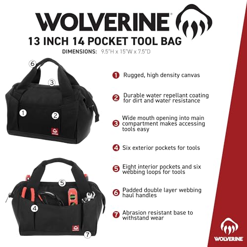 WOLVERINE Tool Bag |Tote | Utility Roll | Durable Nailhead Nylon, Adjustable Straps, and Versatile Pockets - color: Black, style: 13 Inch 14 Pocket Bag