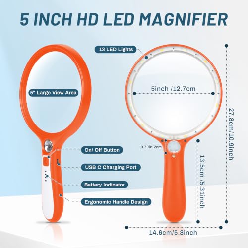 Large Magnifying Glass with Light: 5IN Handheld Illuminated Lighted Magnifier with 13 LED Lights, Rechargeable Magnifier (Orange+White, Magnifier with Light (No Case)) - color: Orange+white