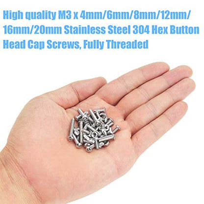 DYWISHKEY 360 Pieces M3 x 4mm/6mm/8mm/12mm/16mm/20mm Stainless Steel 304 Hex Button Head Cap Bolts Screws and Nuts Kit