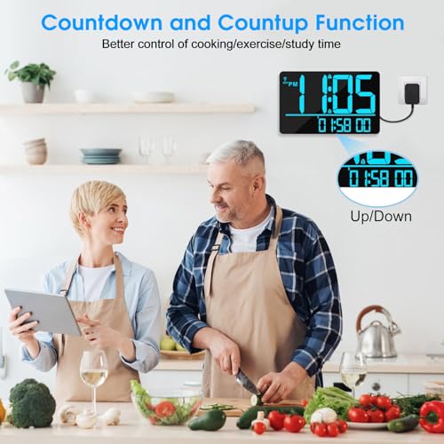 13" Bluetooth Auto Sync Wall Clock - Large Digital Alarm Clock with Remote - style: Blue Numbers