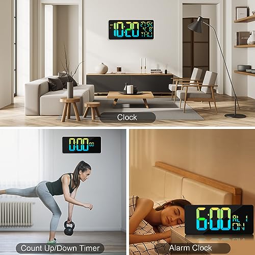11 RGB Color Changes Large Digital Wall Clock/Bluetooth Auto Time Sync, Remote-Controlled Digital Wall Clock Large Display with Alarm/Timer Function, DST, Indoor Temperature/Humidity Display (18 inch) - color: Rgb Color Change