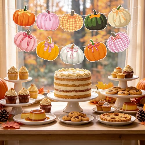 2 Pcs Bow Pumpkin Banner Pink Bows Fall Thanksgiving Pumpkin Party Decor - color: Bow Pumpkin