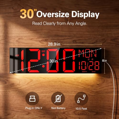 JALL 30" Oversize Digital Wall Clock with 7.3-inch Jumbo Numbers, Extra Large LED Wall Clock with Remote, Giant Digital Clock for Living Room, Church (Black Shell Red Font) - color: Black, size: 30 inches