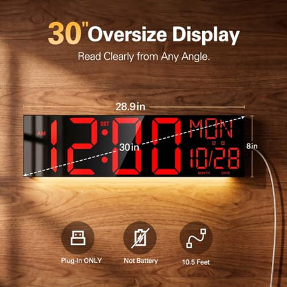 JALL 30" Oversize Digital Wall Clock with 7.3-inch Jumbo Numbers, Extra Large LED Wall Clock with Remote, Giant Digital Clock for Living Room, Church (Black Shell Red Font) - color: Black, size: 30 inches