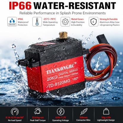 20kg Digital Servo Motor Waterproof High Torque Full Metal Gear RC Servo for 1/8 1/10 RC Car Model DIY, TD-8120 (20KG 180°)