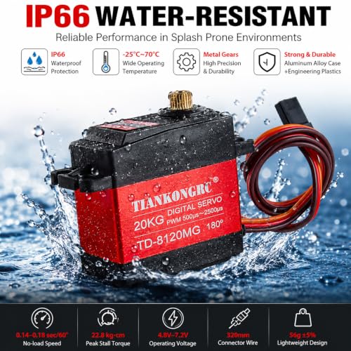 20kg Digital Servo Motor Waterproof High Torque Full Metal Gear RC Servo for 1/8 1/10 RC Car Model DIY, TD-8120 (20KG 180°)