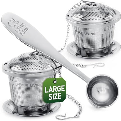 Tea Infuser Set of 2 with Tea Scoop & Drip Trays, Loose Leaf Tea Strainer - color: Silver, size: Large