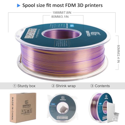 Geeetech Silk PLA Filament 1.75mm Silk Dual Color Filament, Coextrusion Dichromatic Metal-Like Shiny Consumable 1kg (2.2lbs) 1 Spool, Dimensional Accuracy +/- 0.02 mm, Gold Purple - color: 1kg Dual Color Gold-purple