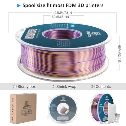 Geeetech Silk PLA Filament 1.75mm Silk Dual Color Filament, Coextrusion Dichromatic Metal-Like Shiny Consumable 1kg (2.2lbs) 1 Spool, Dimensional Accuracy +/- 0.02 mm, Gold Purple - color: 1kg Dual Color Gold-purple