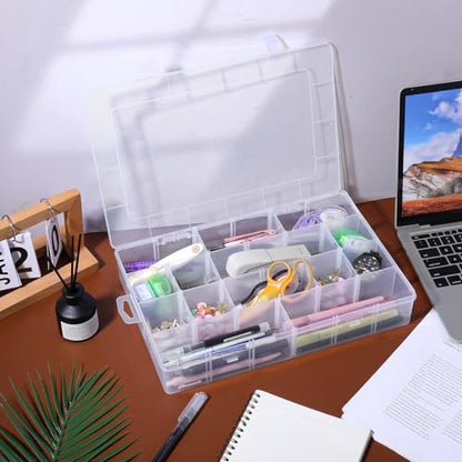 3 Pcs Large 24 Grids Plastic Organizer Box, Small Parts Organizer Box Grids Clear Plastic Organizers Boxs with Adjustable Dividers, BeadOrganizer, Craft Organizers and Storage