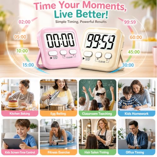 Antonki 2 Pack Digital Timer for Kids Classroom Kitchen Timers for Cooking - color: Lovely Pink + Light Peach